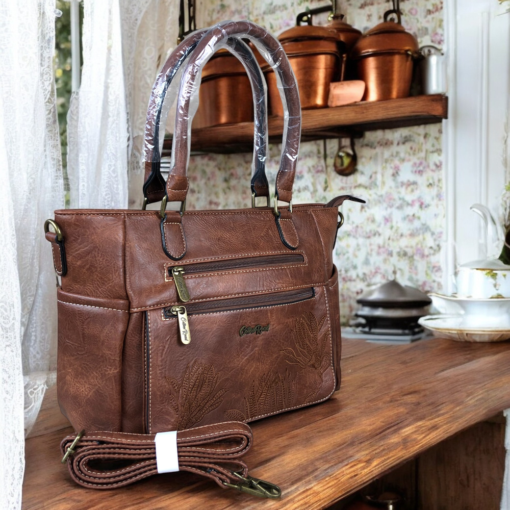 BROWN Cotton Road PU Leather Handbag with EMBROIDERED detailing