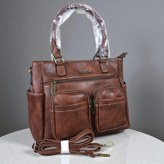 BROWN Cotton Road PU Leather Handbag with Pockets