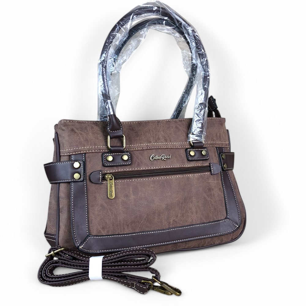 BROWN Cotton Road PU Leather Handbag with TRIM