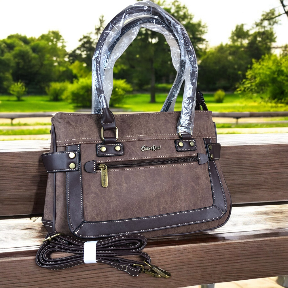 BROWN Cotton Road PU Leather Handbag with TRIM