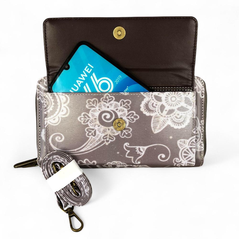 BROWN Cotton Road PVC Cellphone Sling Wallet with PAISLEY Print