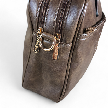 BROWN EMBOSSED PU Leather Cotton Road Handbag