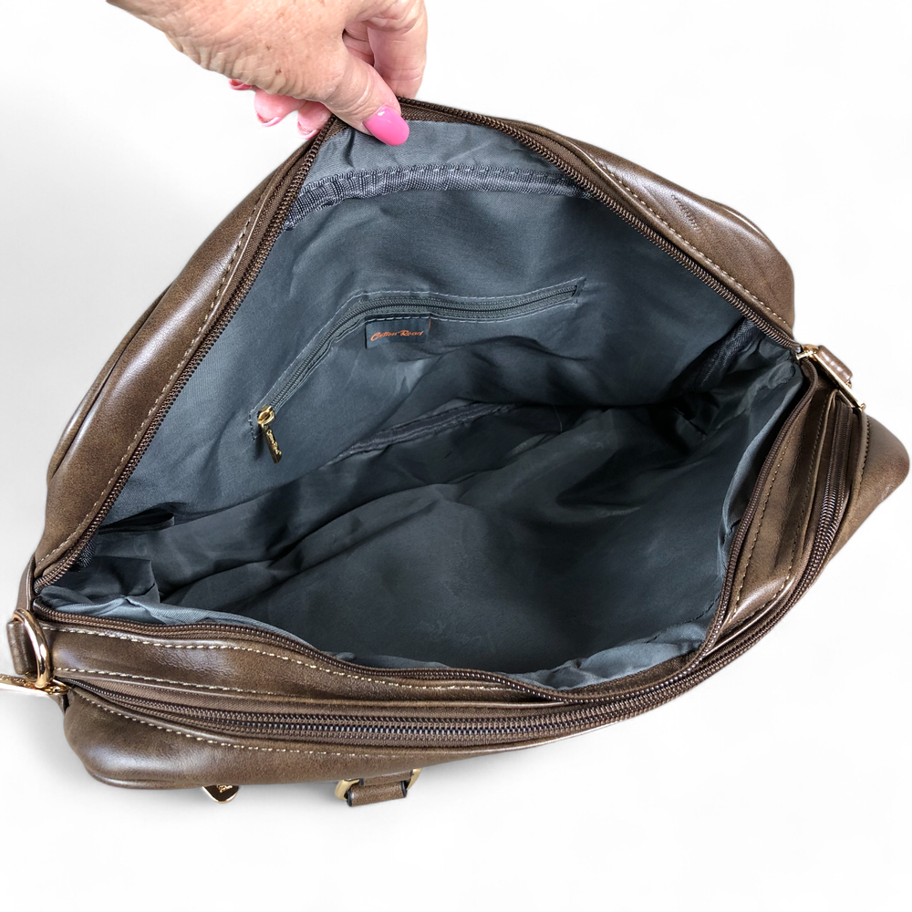 BROWN EMBOSSED PU Leather Cotton Road Handbag