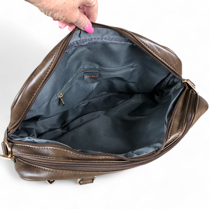 BROWN EMBOSSED PU Leather Cotton Road Handbag