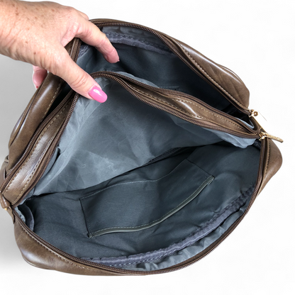 BROWN EMBOSSED PU Leather Cotton Road Handbag