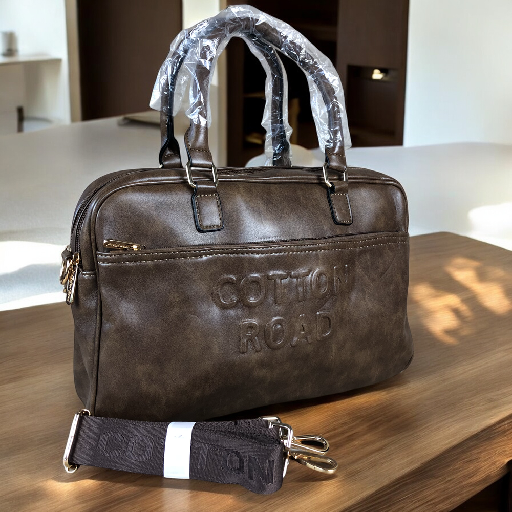 BROWN EMBOSSED PU Leather Cotton Road Handbag