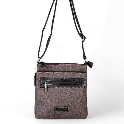 BROWN FLORAL Printed PU Leather Cotton Road Sling Bag