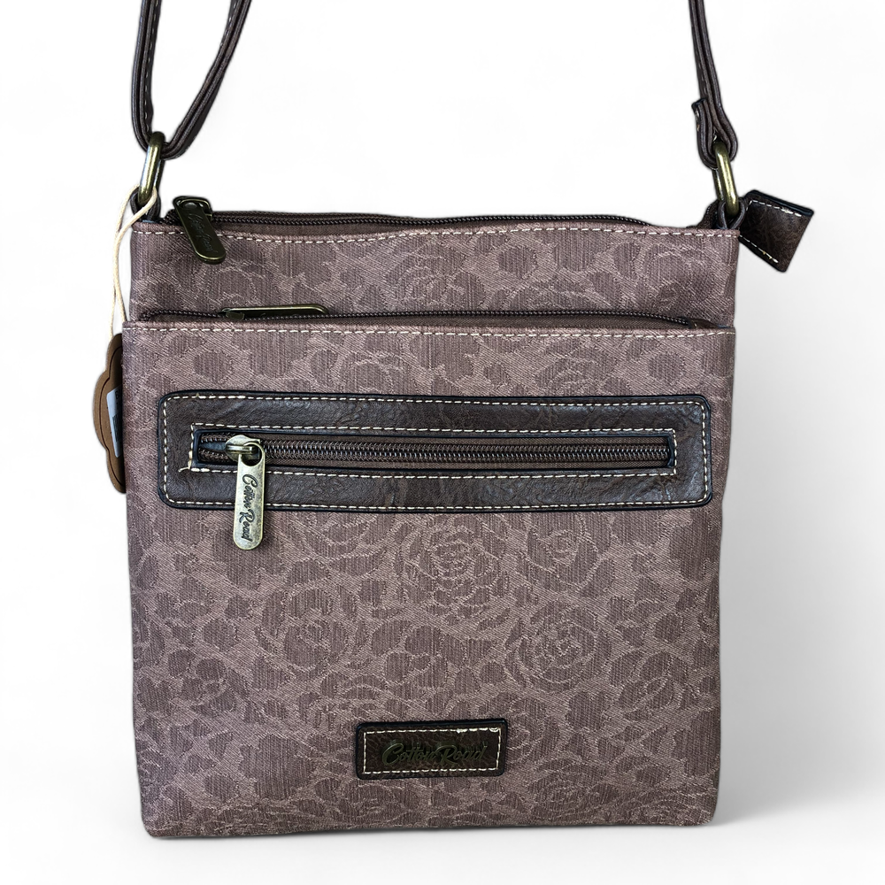 BROWN FLORAL Printed PU Leather Cotton Road Sling Bag