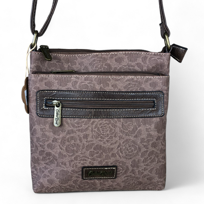 BROWN FLORAL Printed PU Leather Cotton Road Sling Bag