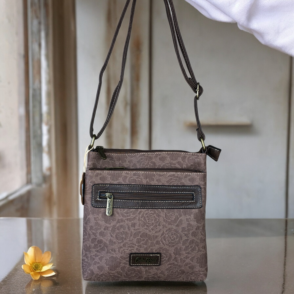BROWN FLORAL Printed PU Leather Cotton Road Sling Bag