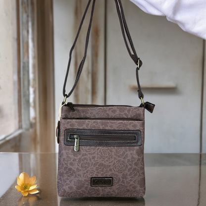 BROWN FLORAL Printed PU Leather Cotton Road Sling Bag