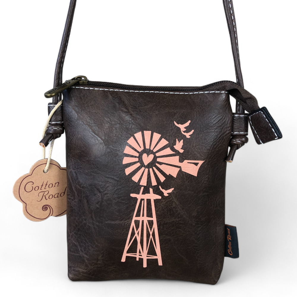 BROWN PU LEATHER Mini Cotton Road Sling Bag with WINDMILL