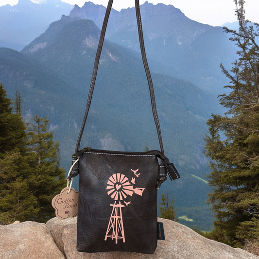 BROWN PU LEATHER Mini Cotton Road Sling Bag with WINDMILL