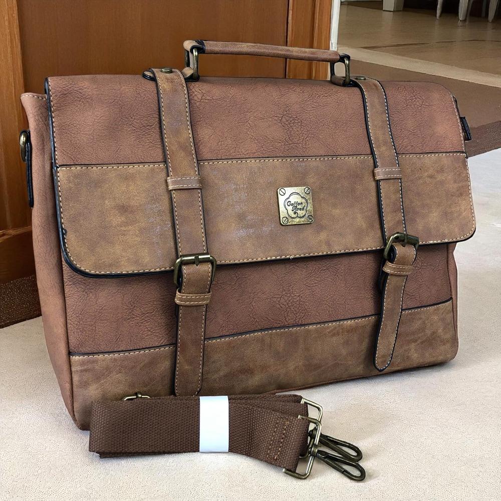 BROWN PU Leather 15'6 Cotton Road Laptop Bag with STRAP detailing