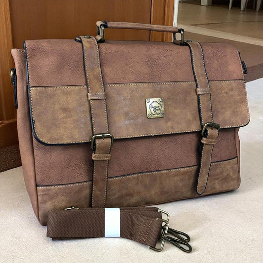 BROWN PU Leather 15'6 Cotton Road Laptop Bag with STRAP detailing