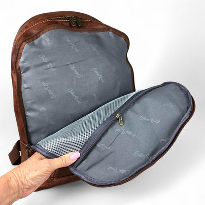 BROWN PU Leather Cotton Road Backpack main compartment