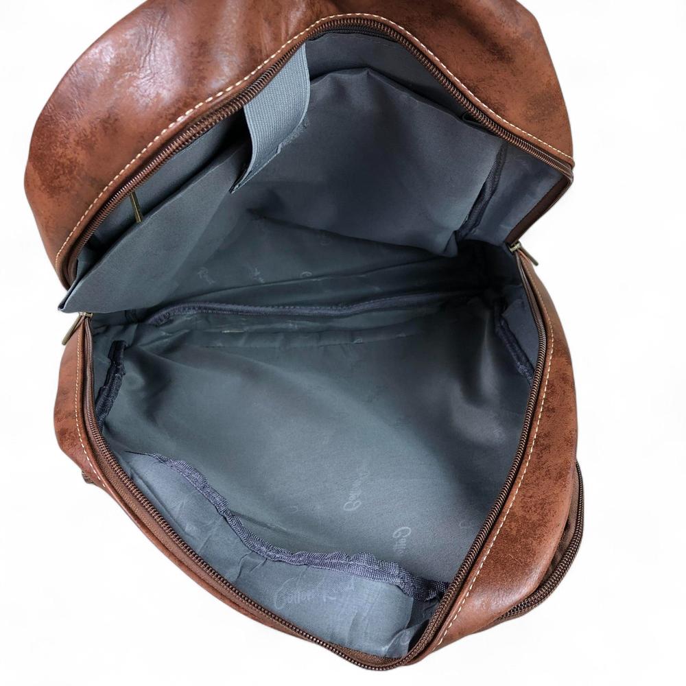 BROWN PU Leather Cotton Road Backpack open