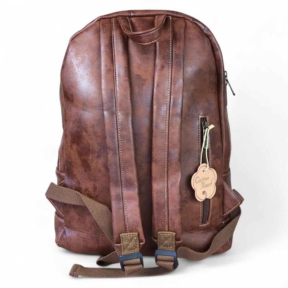 BROWN PU Leather Cotton Road Backpack rear strap's view