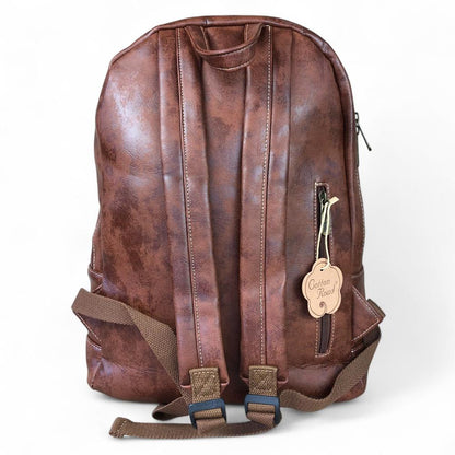 BROWN PU Leather Cotton Road Backpack rear strap's view
