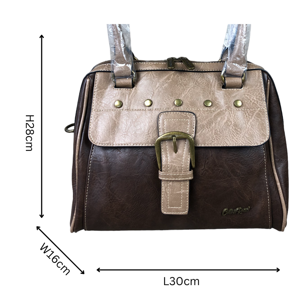 Brown Khaki Cotton Road Handbag in PU leather with clip buckle and adjustable strap