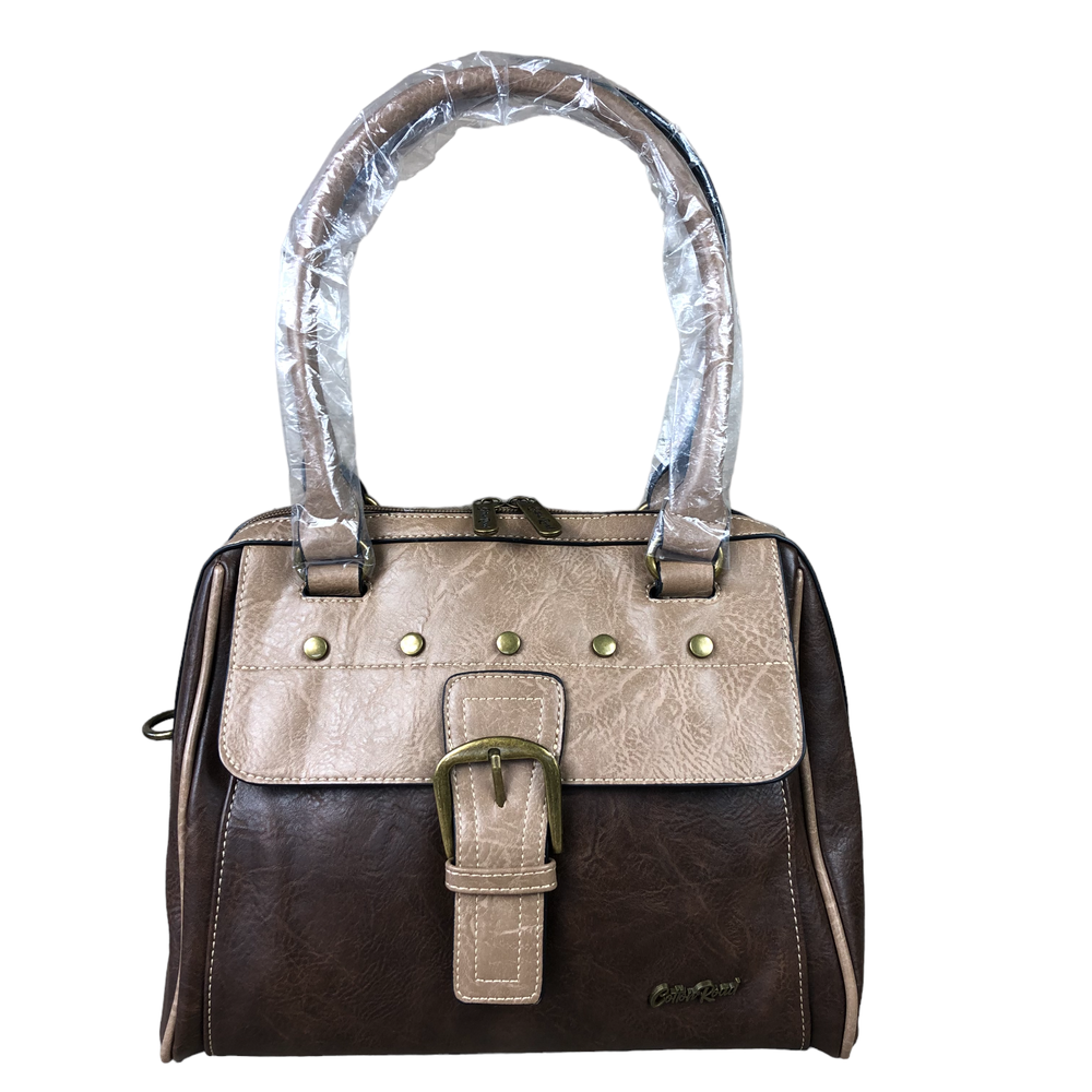 Brown Cotton Road Handbag in PU leather with clip buckle detailing and adjustable strap