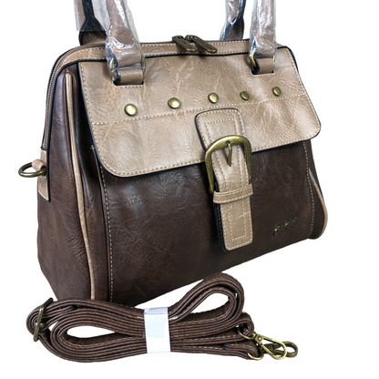 Brown Cotton Road Handbag in PU leather with khaki accents and clip buckle detailing