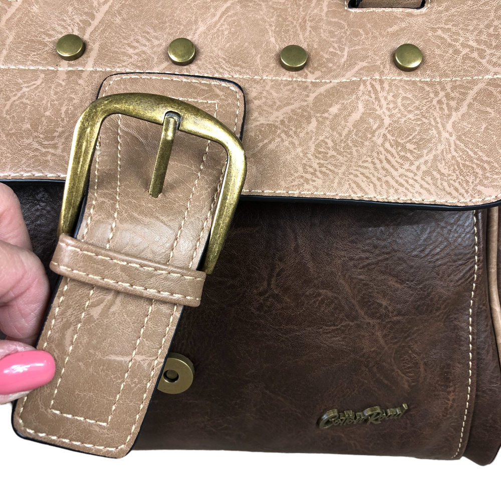 Brown Cotton Road Handbag in PU leather with clip buckle and adjustable strap