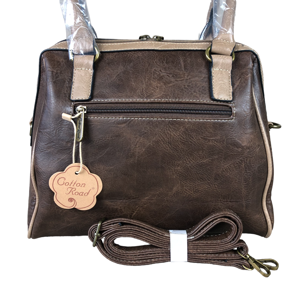 Brown Cotton Road Handbag in PU leather with clip buckle and adjustable strap, multiple compartments