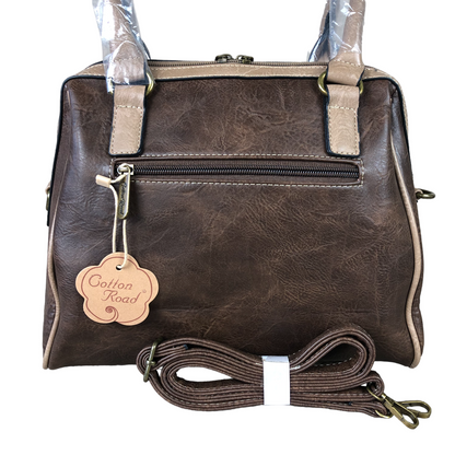 Brown Cotton Road Handbag in PU leather with clip buckle and adjustable strap, multiple compartments