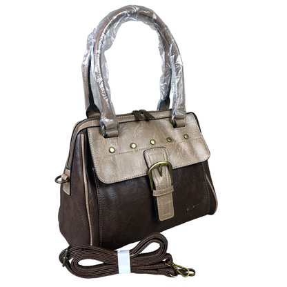 Brown Cotton Road Handbag in PU leather with clip buckle and adjustable shoulder strap