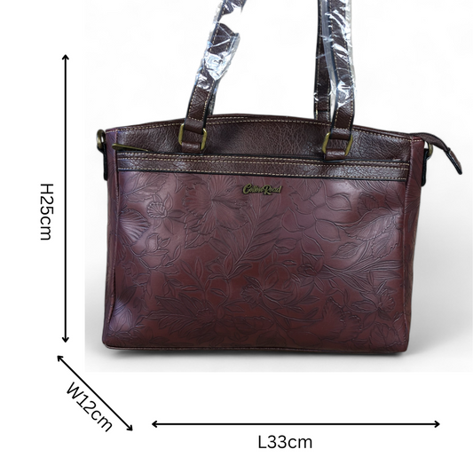 BROWN PU Leather Cotton Road Handbag with EMBOSSED FLOWERS