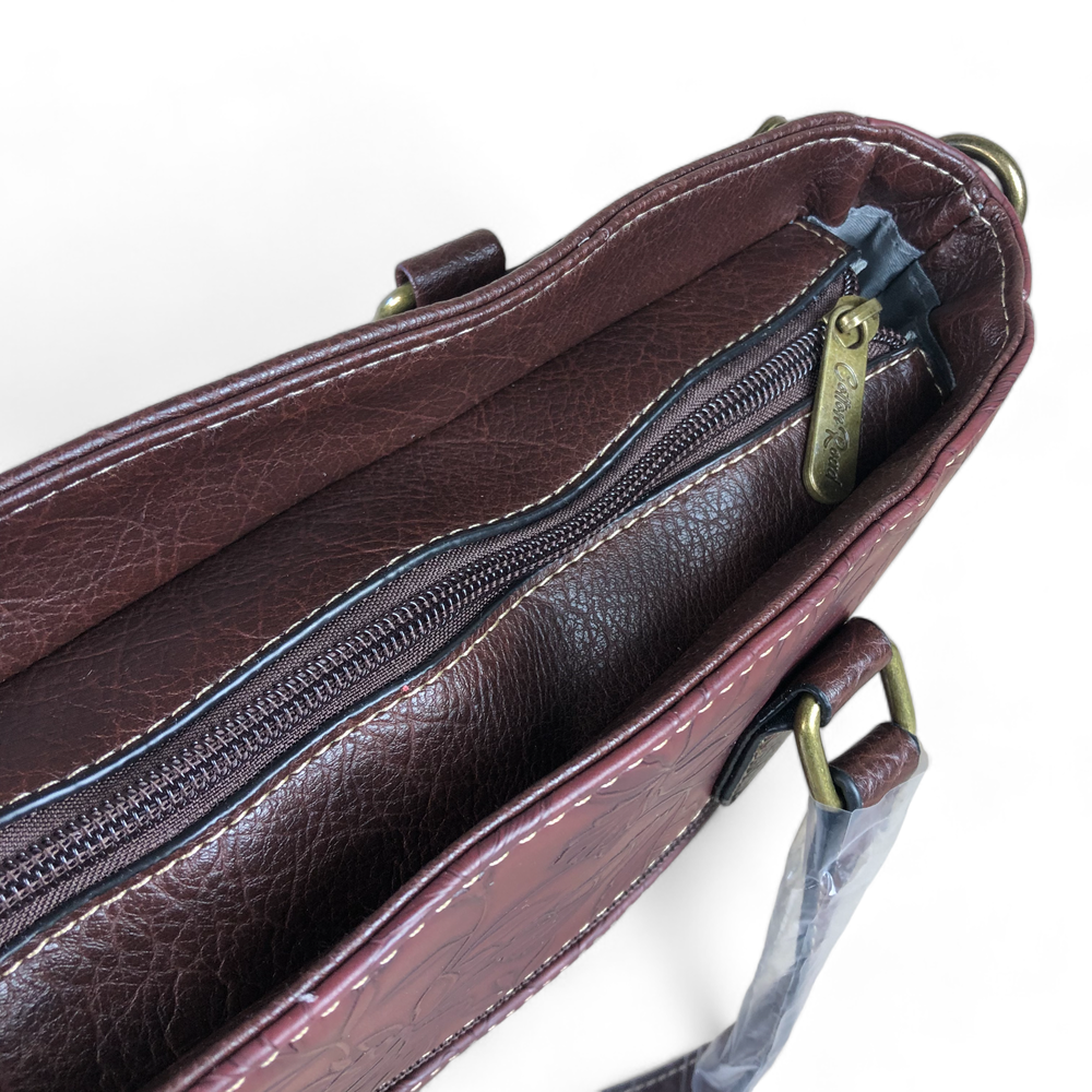 BROWN PU Leather Cotton Road Handbag with EMBOSSED FLOWERS