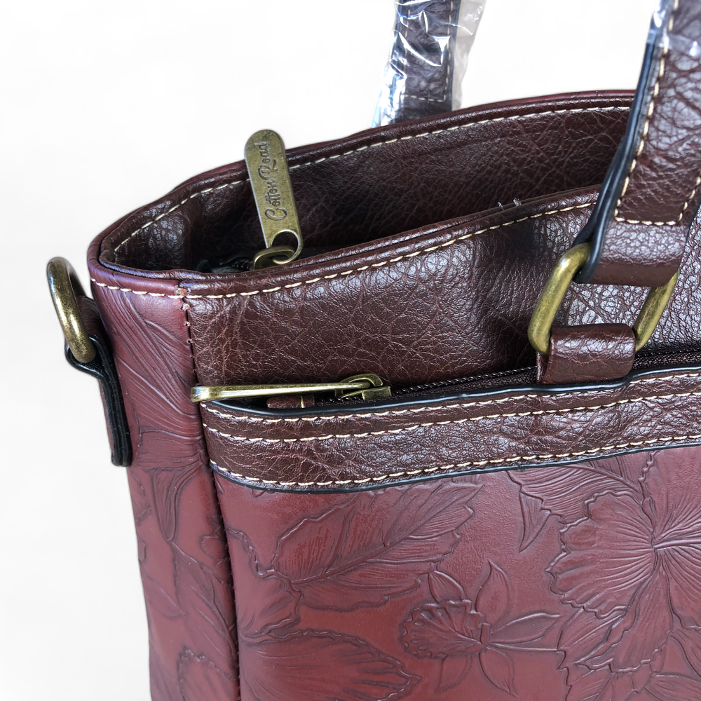 BROWN PU Leather Cotton Road Handbag with EMBOSSED FLOWERS