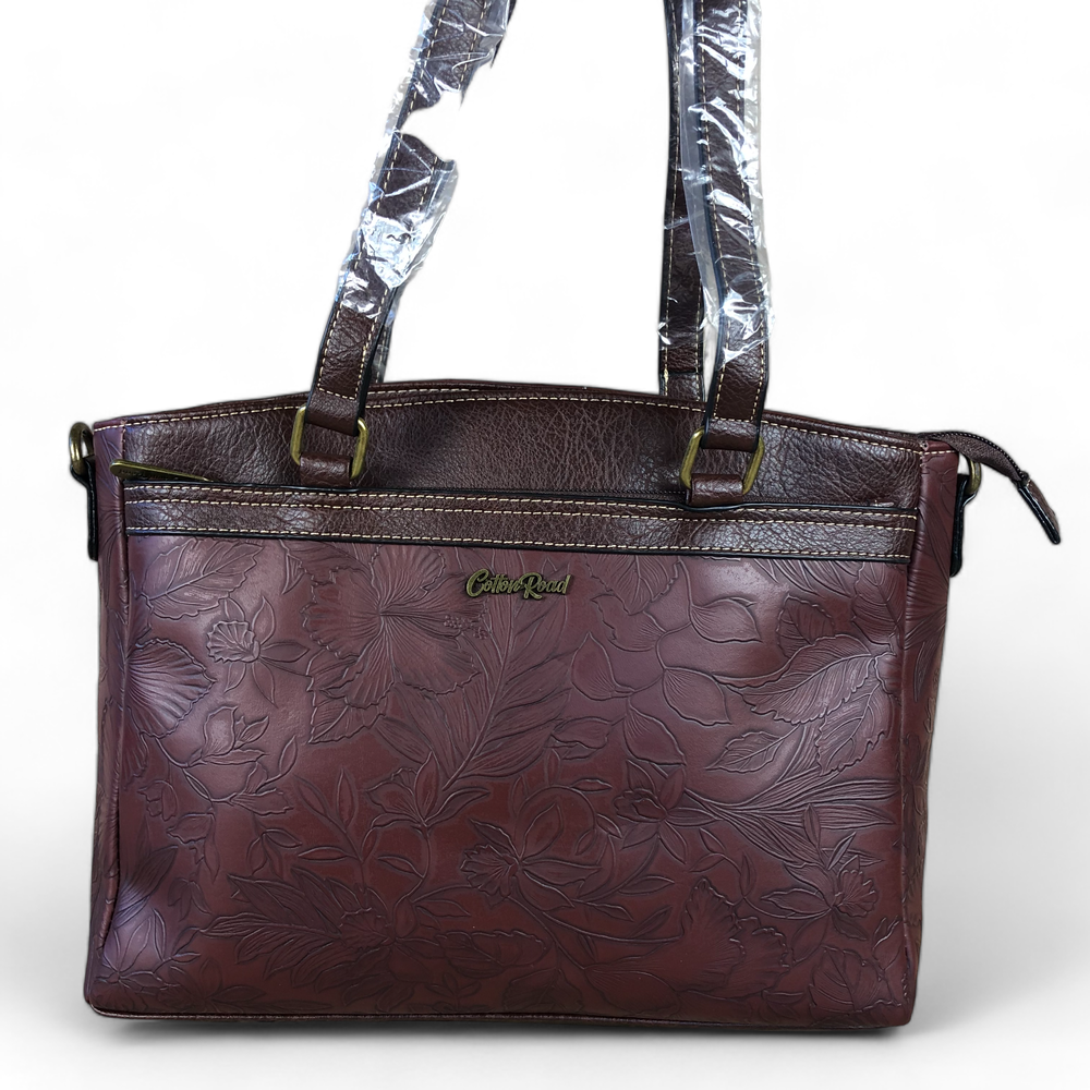 BROWN PU Leather Cotton Road Handbag with EMBOSSED FLOWERS