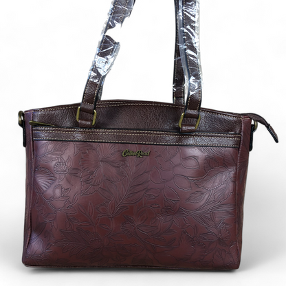 BROWN PU Leather Cotton Road Handbag with EMBOSSED FLOWERS