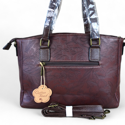 BROWN PU Leather Cotton Road Handbag with EMBOSSED FLOWERS