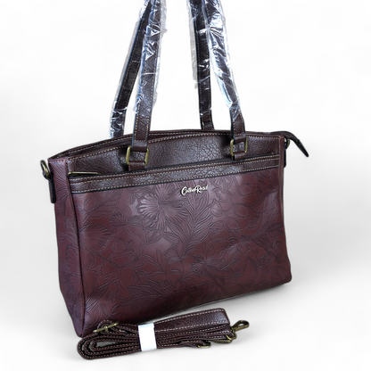 BROWN PU Leather Cotton Road Handbag with EMBOSSED FLOWERS