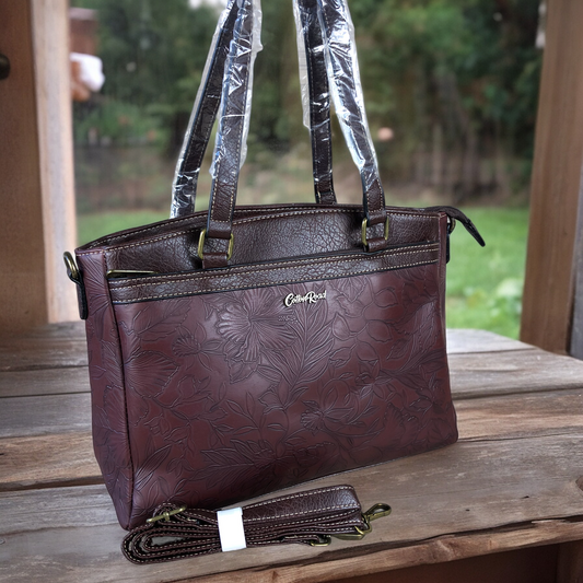 BROWN PU Leather Cotton Road Handbag with EMBOSSED FLOWERS