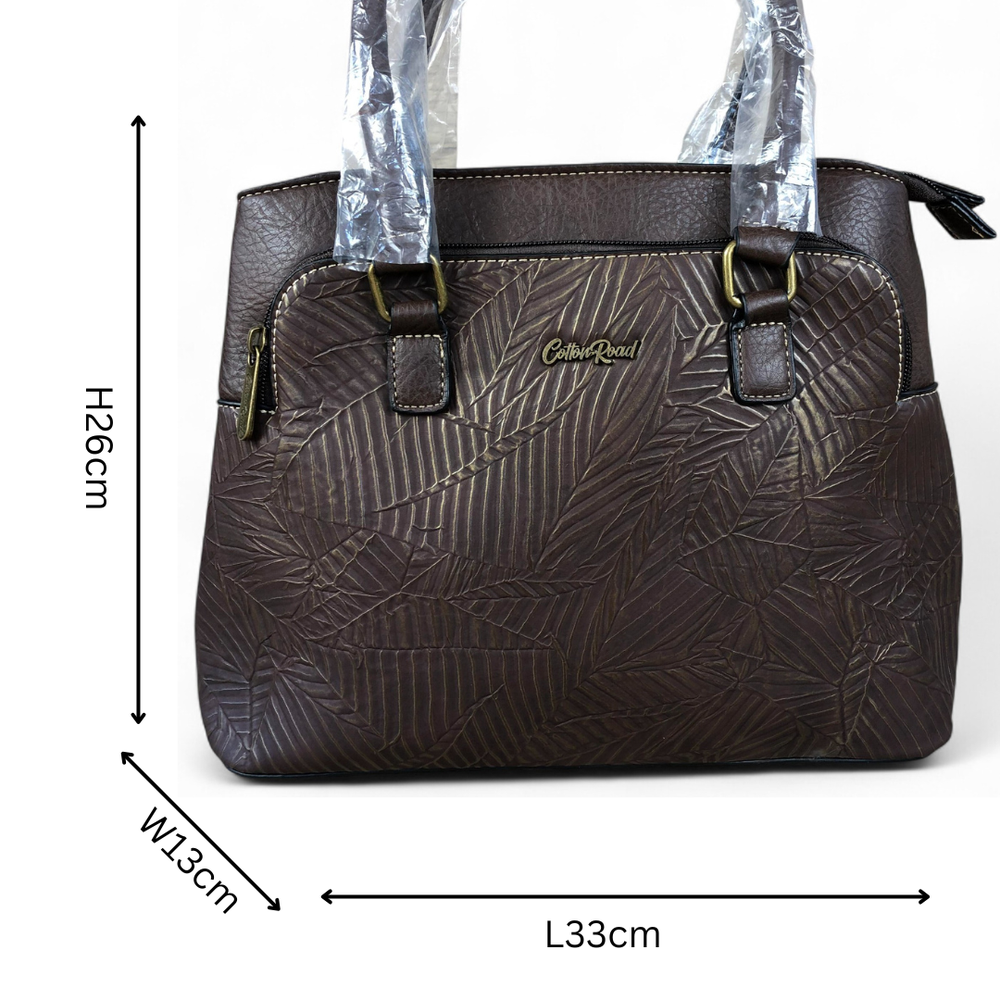 BROWN PU Leather Cotton Road Handbag with EMBOSSED Panel