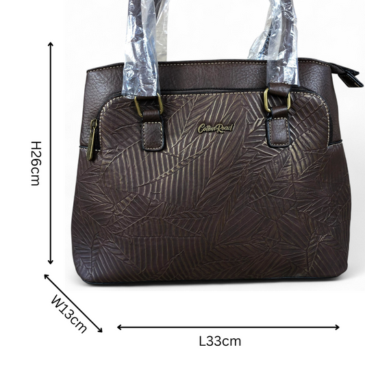 BROWN PU Leather Cotton Road Handbag with EMBOSSED Panel
