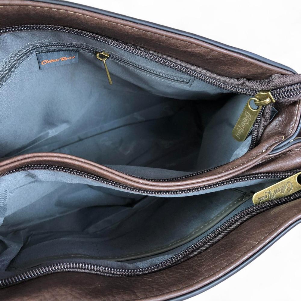 BROWN PU Leather Cotton Road Handbag with EMBOSSED Panel