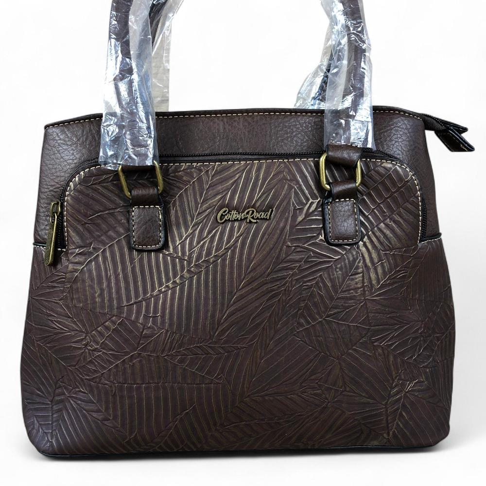 BROWN PU Leather Cotton Road Handbag with EMBOSSED Panel