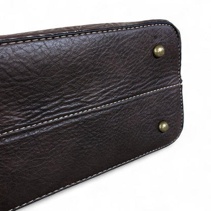 BROWN PU Leather Cotton Road Handbag with EMBOSSED Panel