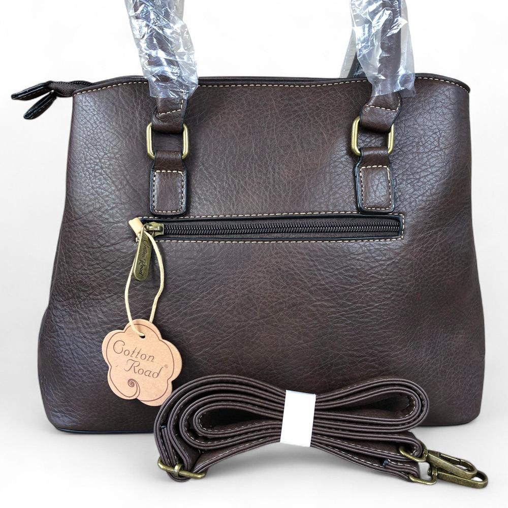 BROWN PU Leather Cotton Road Handbag with EMBOSSED Panel