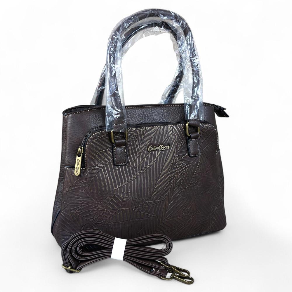 BROWN PU Leather Cotton Road Handbag with EMBOSSED Panel