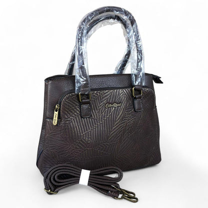 BROWN PU Leather Cotton Road Handbag with EMBOSSED Panel