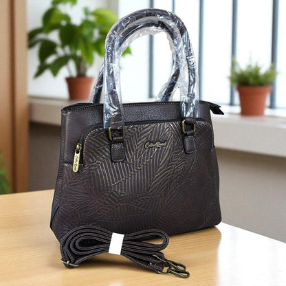 BROWN PU Leather Cotton Road Handbag with EMBOSSED Panel