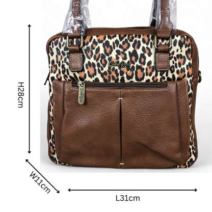 BROWN PU Leather Cotton Road Handbag with LEOPARD PRINT