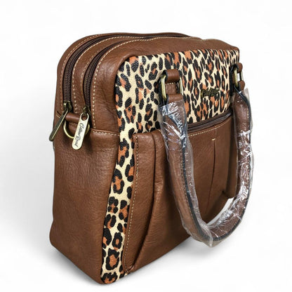 BROWN PU Leather Cotton Road Handbag with LEOPARD PRINT