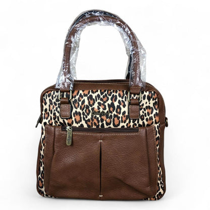 BROWN PU Leather Cotton Road Handbag with LEOPARD PRINT